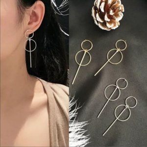 Gold Double Hoop Circle Drop Bar Earrings